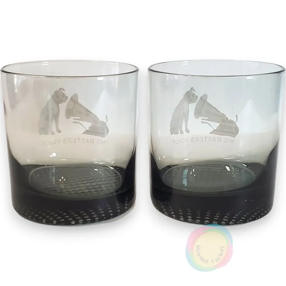 Vintage RCA Victor Smokey Gray Tumbler Glasses Pair